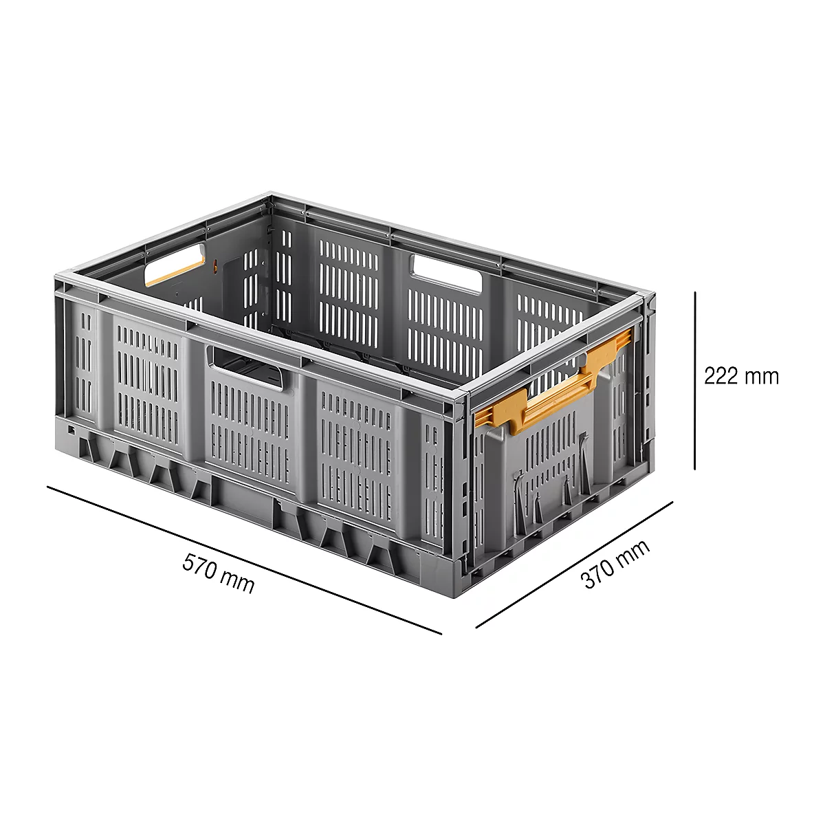 Gray, foldable transport box. Dimensions: 570 mm x 370 mm x 222 mm, with orange handles.