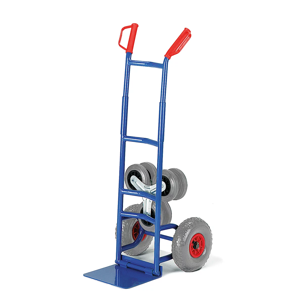 Blue stair climbing cart with red handles and gray tires. Two large wheels at the bottom, three smaller wheels in the middle.
