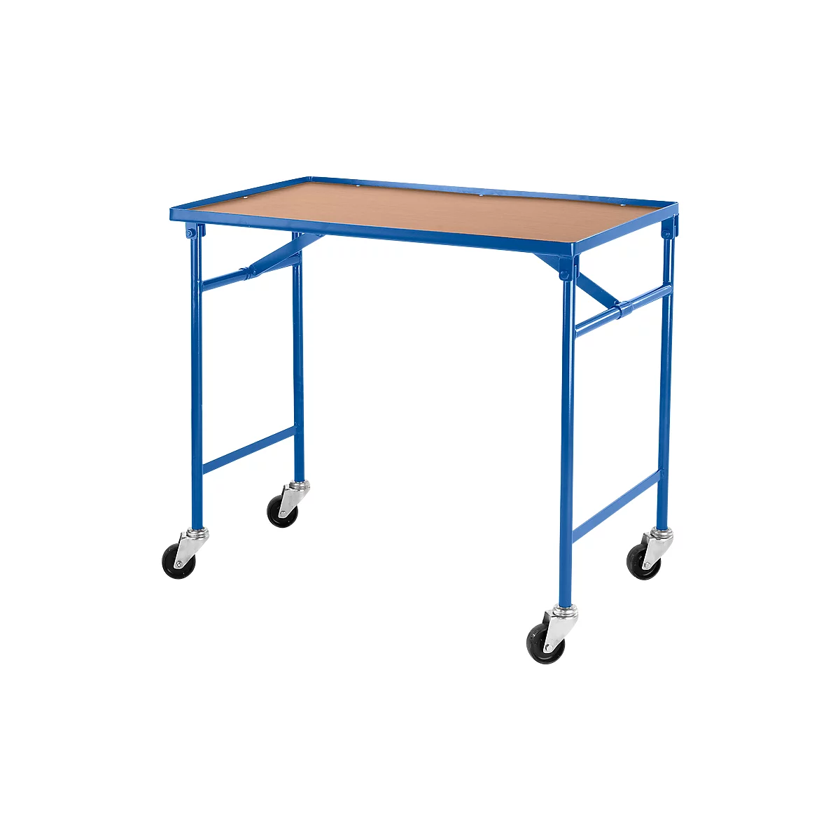 Blue serving cart with brown tabletop on four wheels.