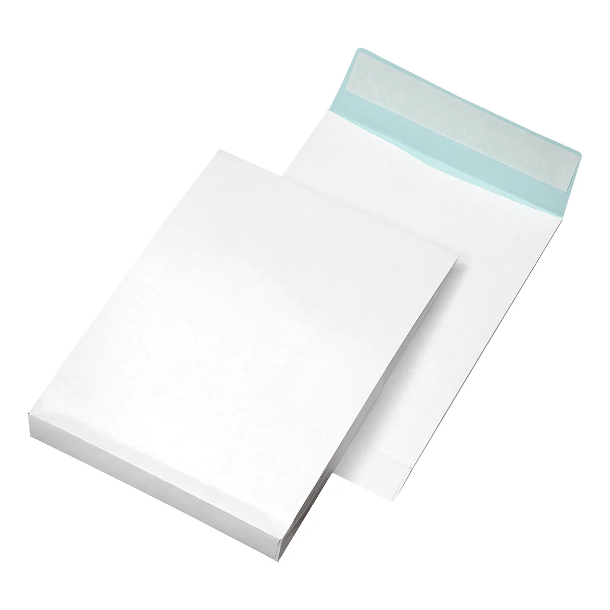 Two white envelopes, one partially open. Blue adhesive strip on the edge.