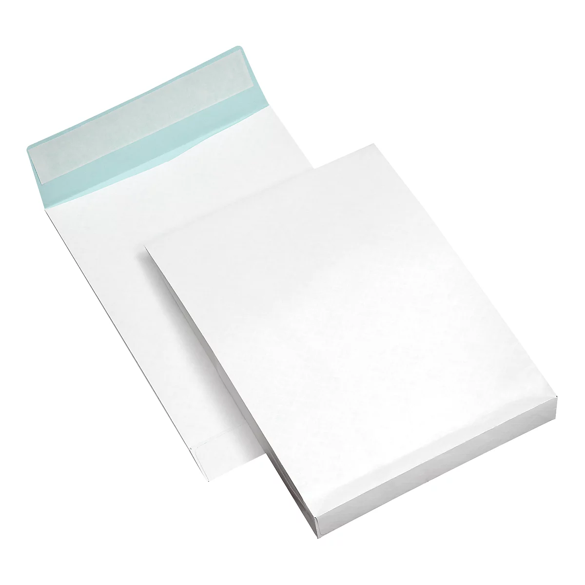 Two white envelopes with light blue adhesive tape on a white background.