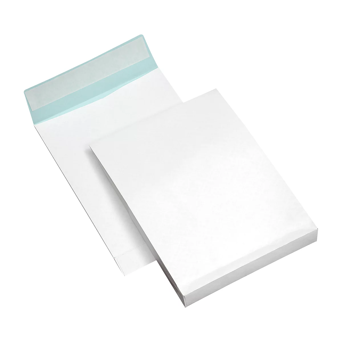 Two white envelopes, one opened, with a pale blue adhesive strip.