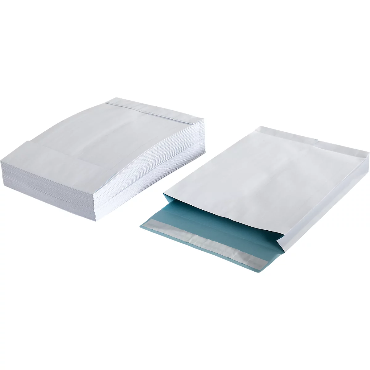 Two white envelopes, one open, one with folded paper. The inside of the open envelope is blue.