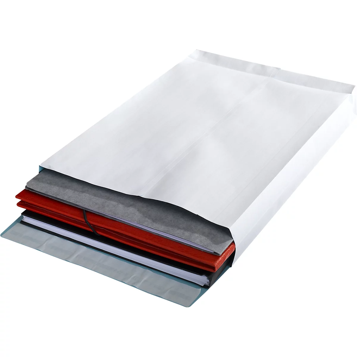 A white envelope, partially open, reveals various stacks of papers and folders in shades of gray and red. The papers are bound with a rubber band.