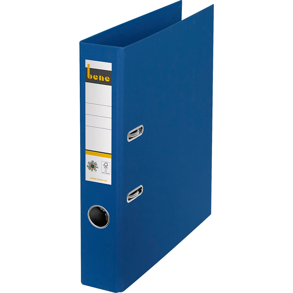 Blue file folder with white label and the inscription "bene".