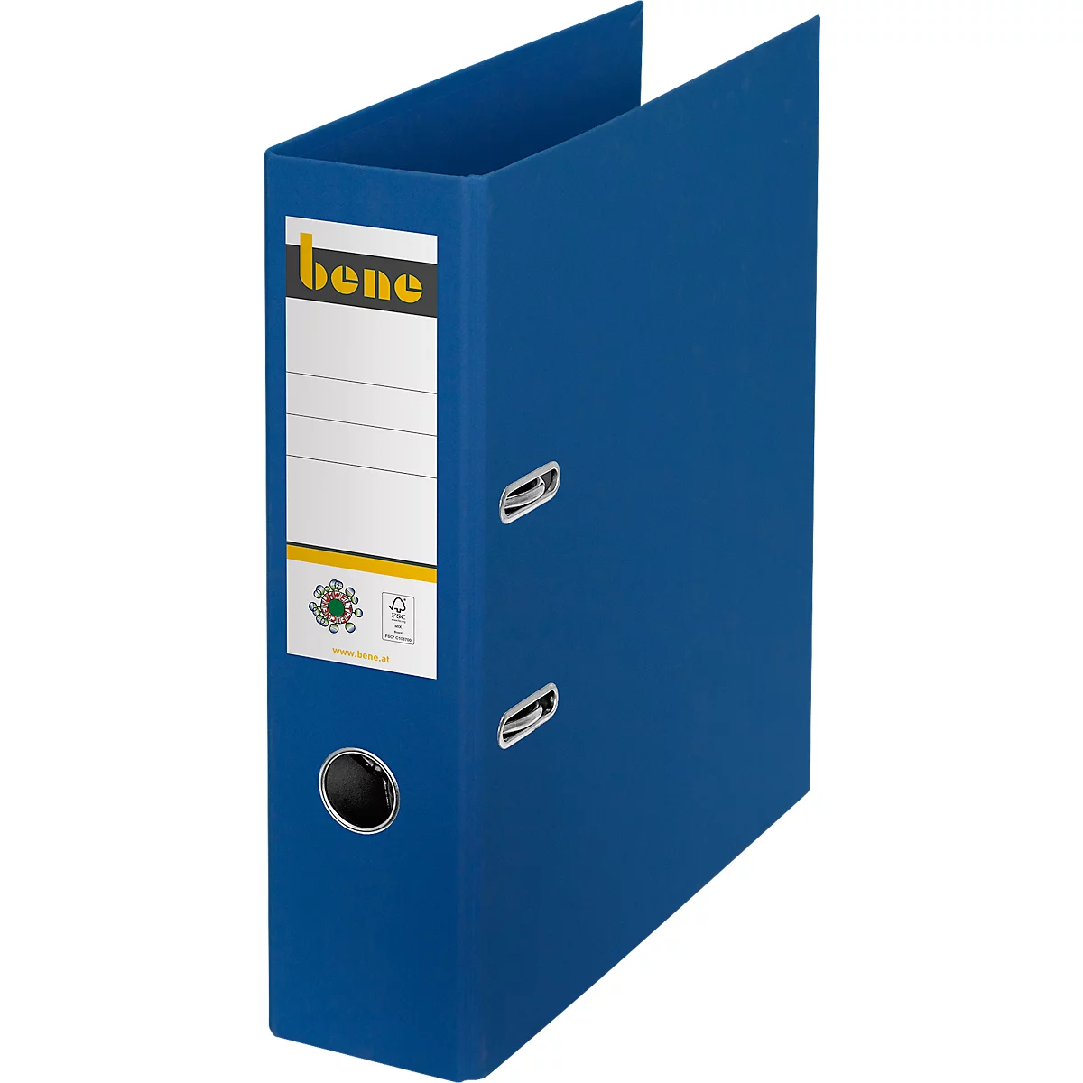 Blue binder with 'bene' logo. Sticker with lines for labeling.