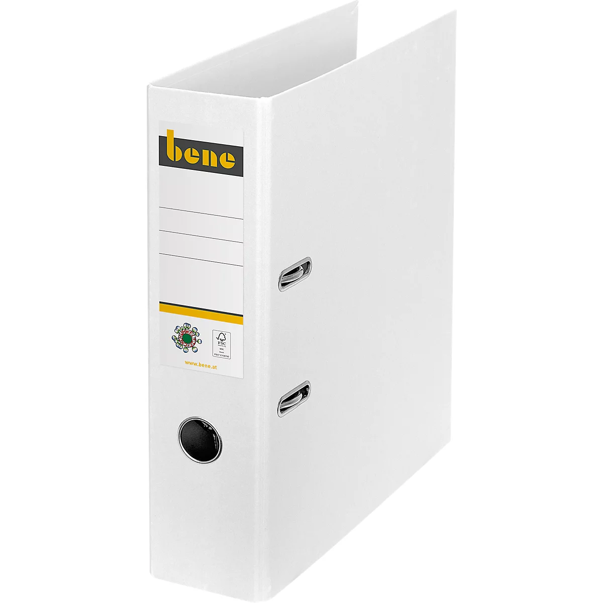 White binder with 'bene' sticker and lever mechanism.