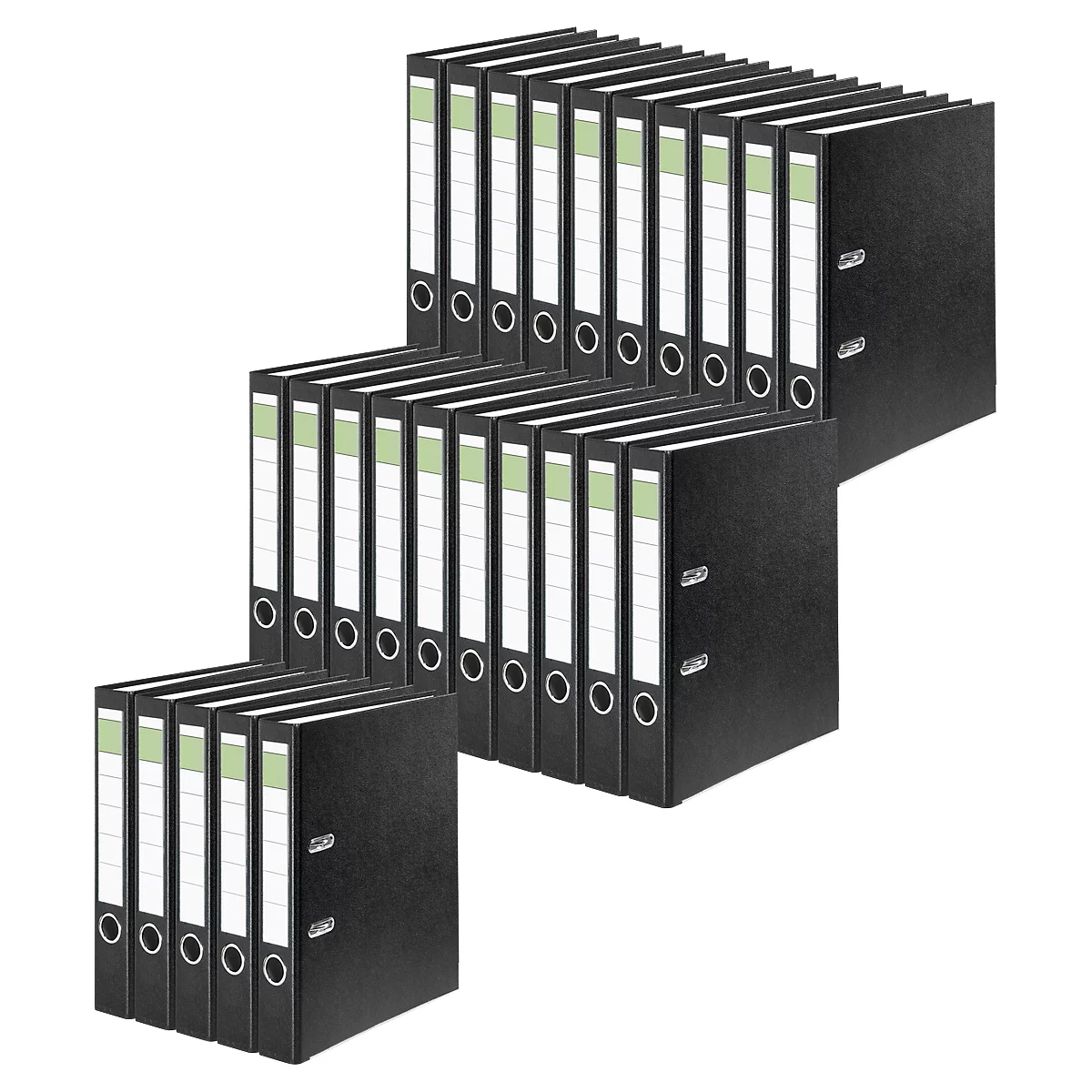 Arrangement of black file folders, with white labeling fields and green stripes, in several stacks.