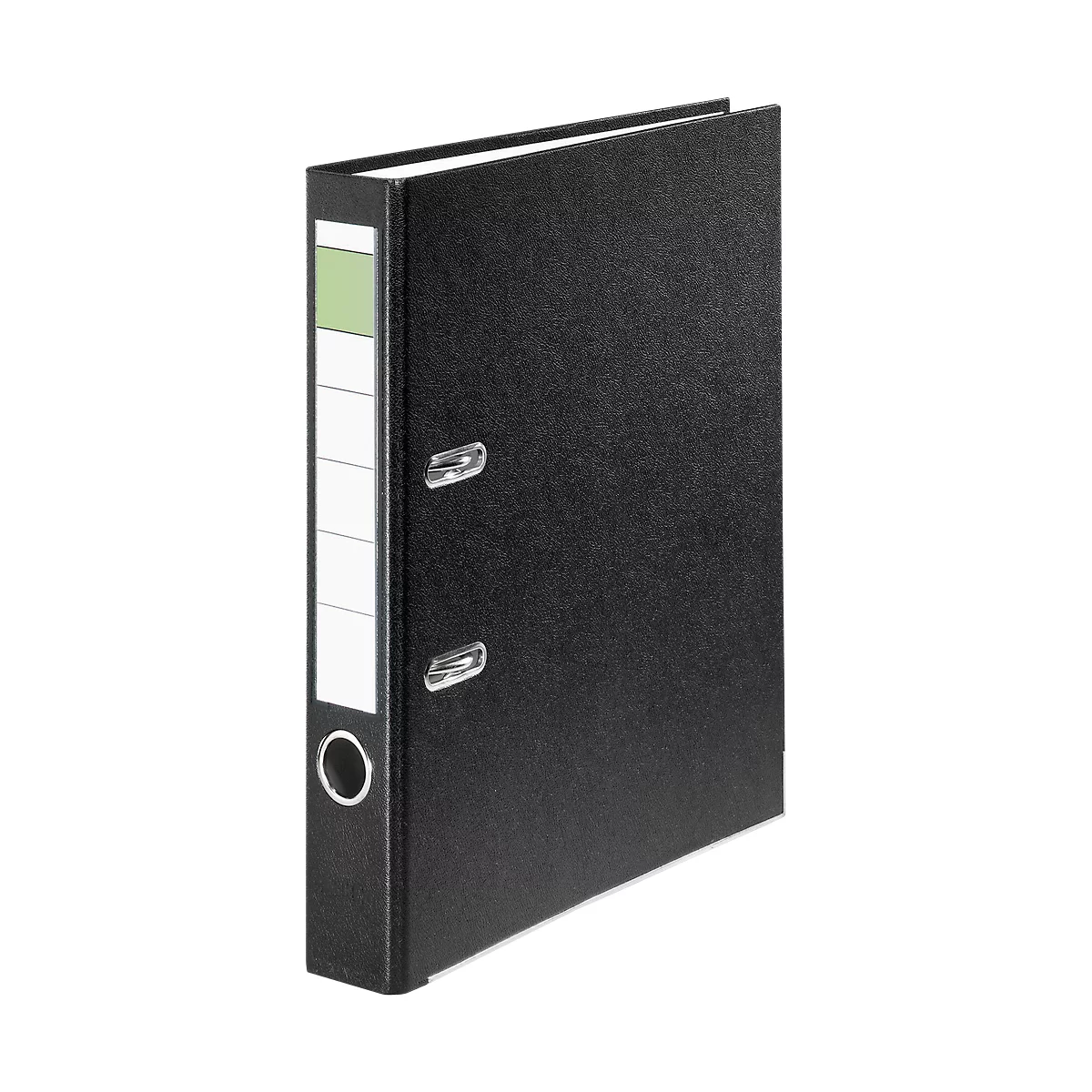 Black binder, slightly angled. There is a white labeling field on the spine.
