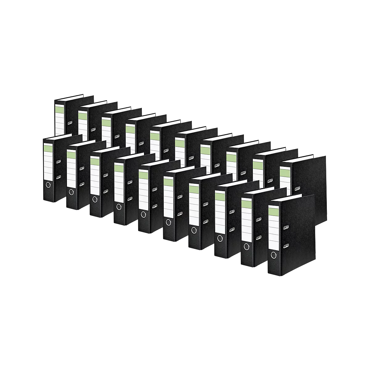 Row of black binders, with white labels and green stripes.