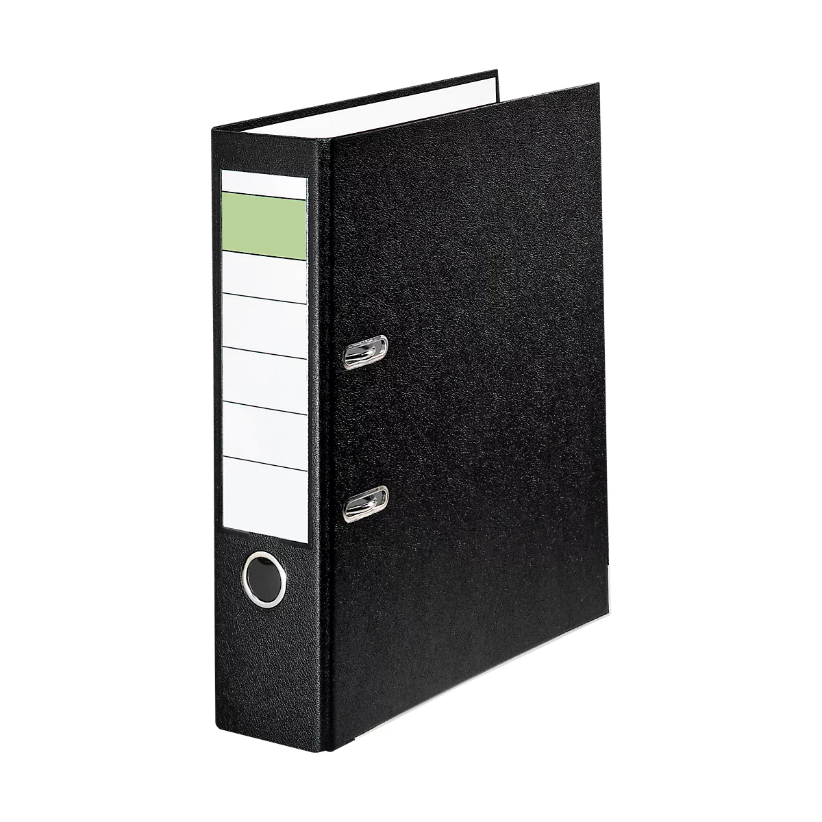 Black binder with labels, metal eyelets and metal ring.