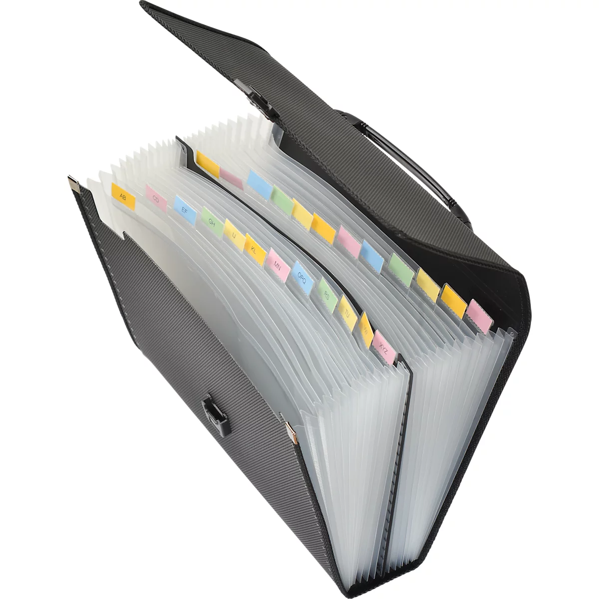 FolderSys, A4, rugdikte 65 mm, 24 vakken met tabbladen, omslag, lint, clipsluiting en handgreep, B 335 x H 250 mm, PP, zwart