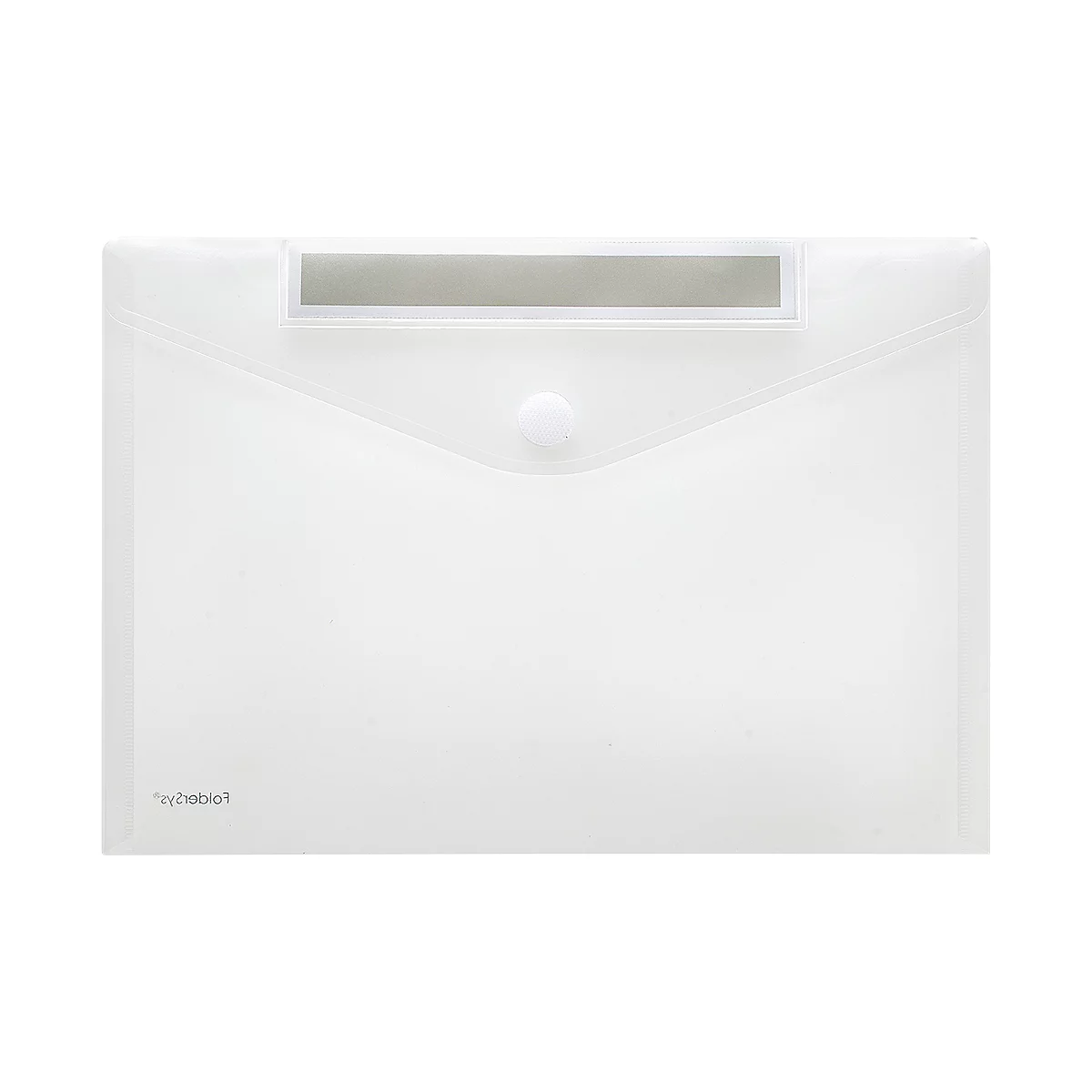 Transparente, weiße Dokumententasche mit Druckknopfverschluss und silbernem Streifen oben.