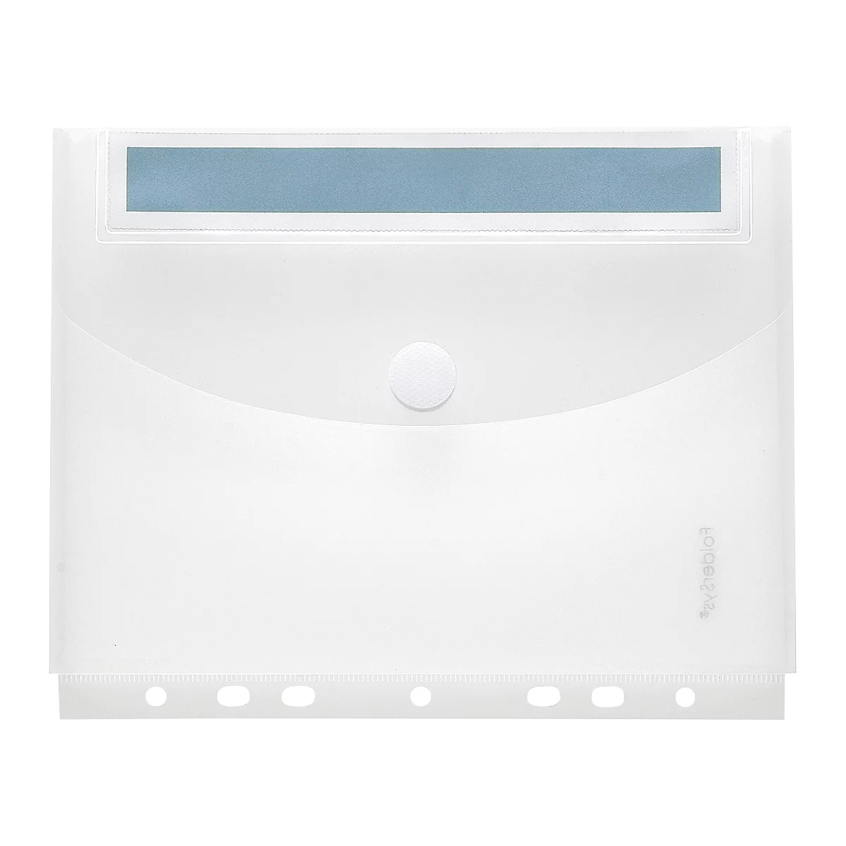 Transparente weiße Dokumententasche mit blauem Streifen oben und Druckknopfverschluss. Mehrere Löcher am unteren Rand.