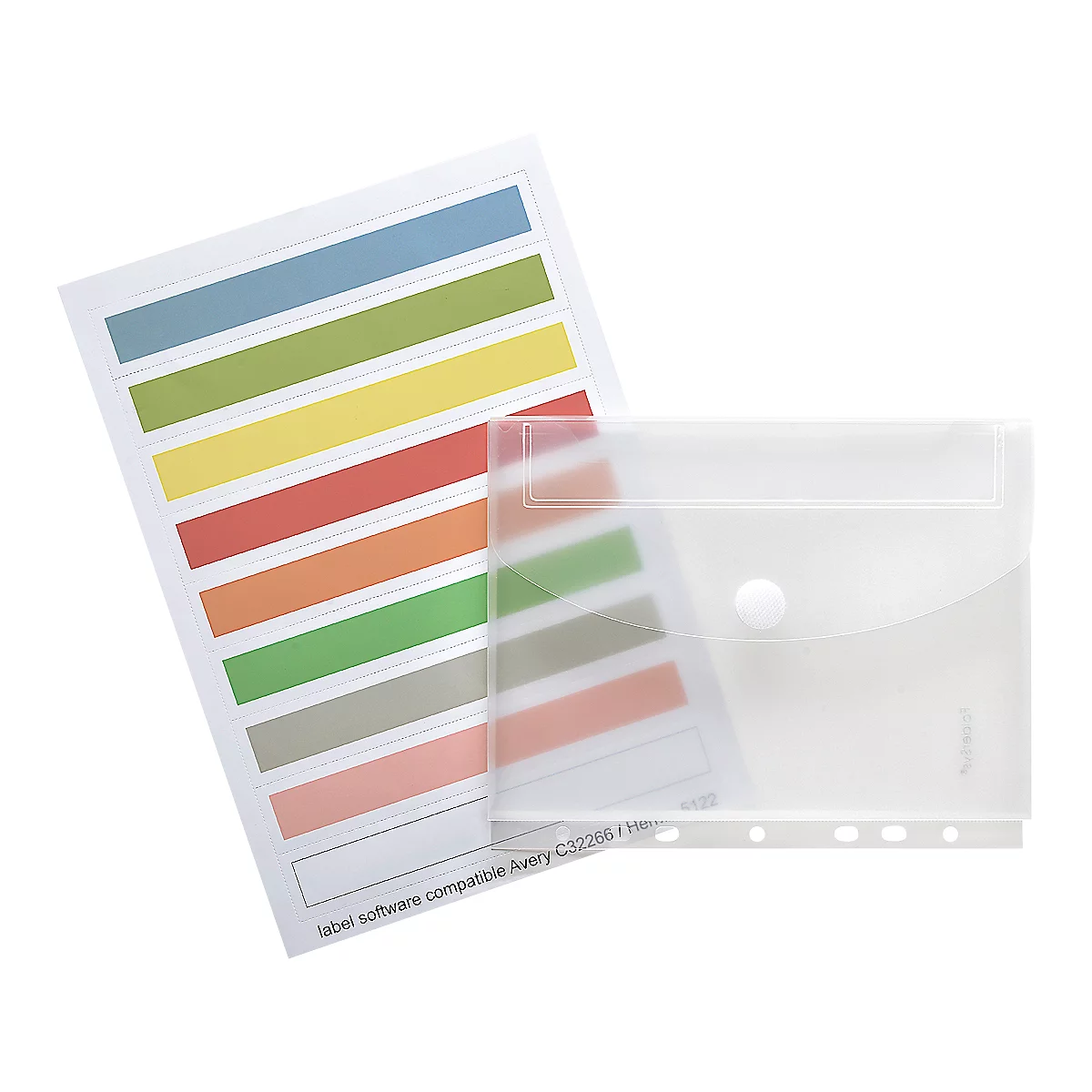 Aufkleberbogen mit farbigen Streifen neben einer transparenten Mappe.
