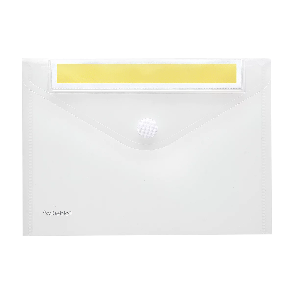 Transparente Mappe mit gelbem Beschriftungsfeld. Ein weißer Knopf verschließt sie.