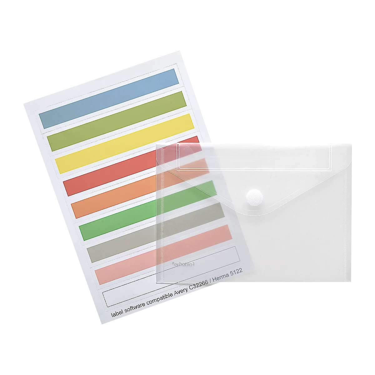 Ein Bogen farbiger Etiketten in einer transparenten Hülle. Die Etiketten sind in verschiedenen Farben angeordnet.