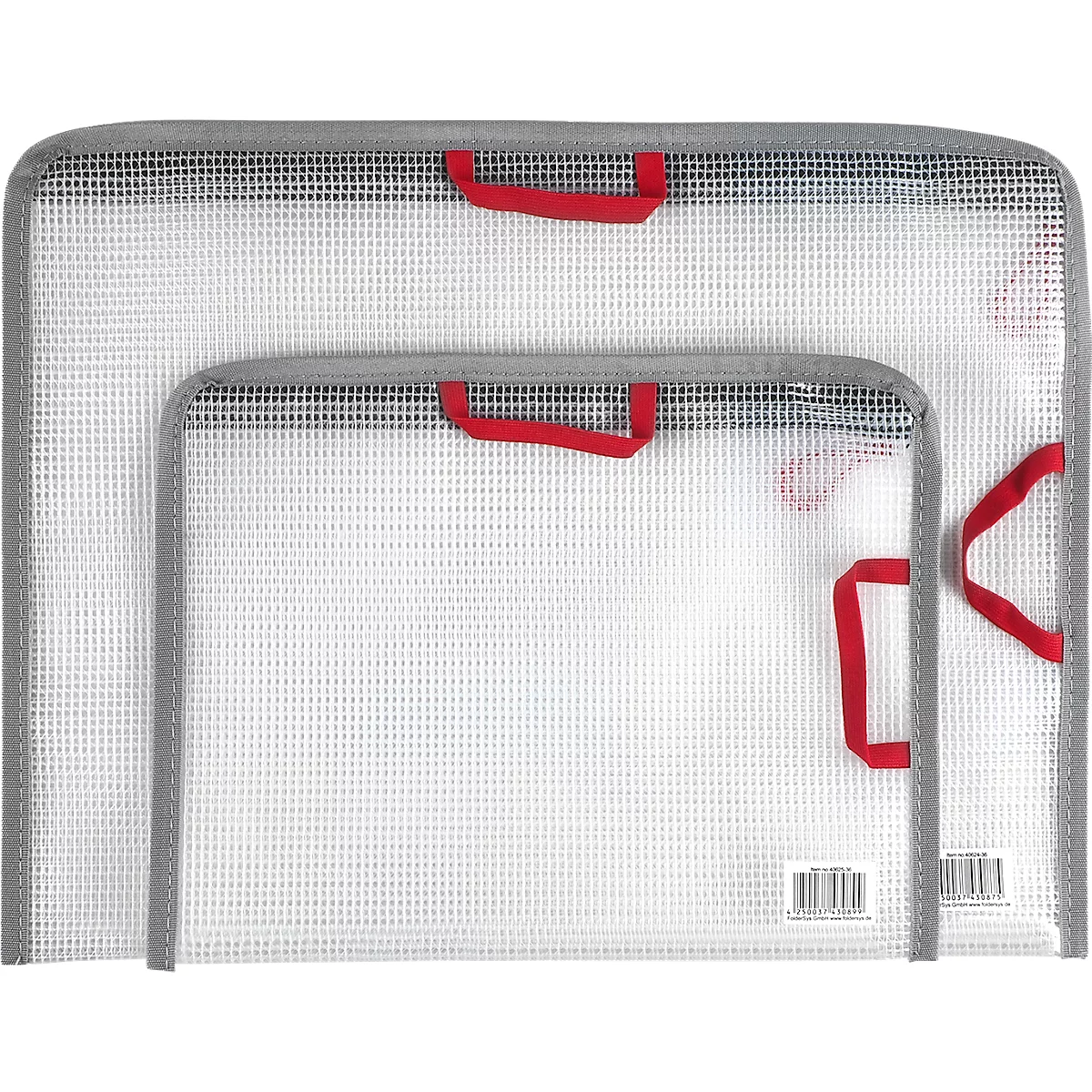 Drei durchsichtige Dokumententaschen, unterschiedlicher Größe. Grauer Rand, rote Trageschlaufen.