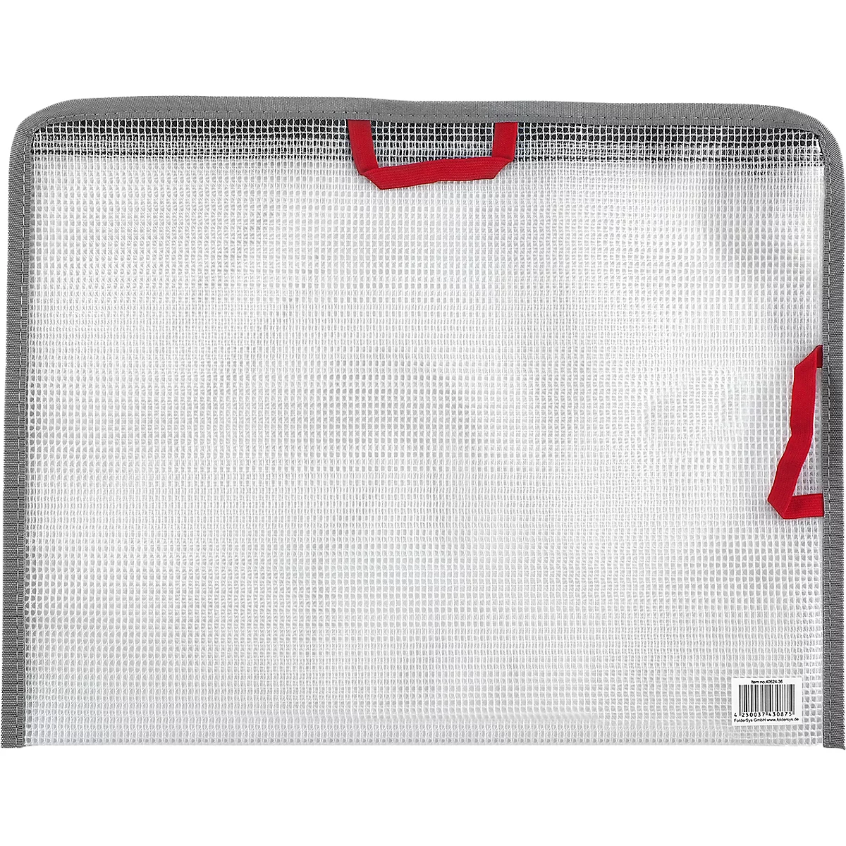 Transparente Dokumentenmappe mit grauem Rand und roten Griffen. Ein Barcode ist unten rechts sichtbar.