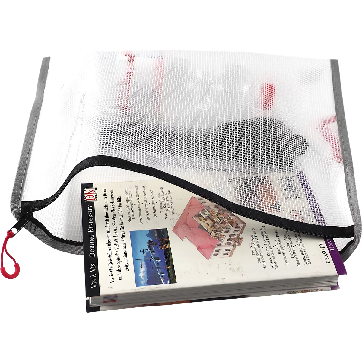 Transparente Netztasche mit schwarzem Reißverschluss und roter Lasche, gefüllt mit Unterlagen und einem Buch.