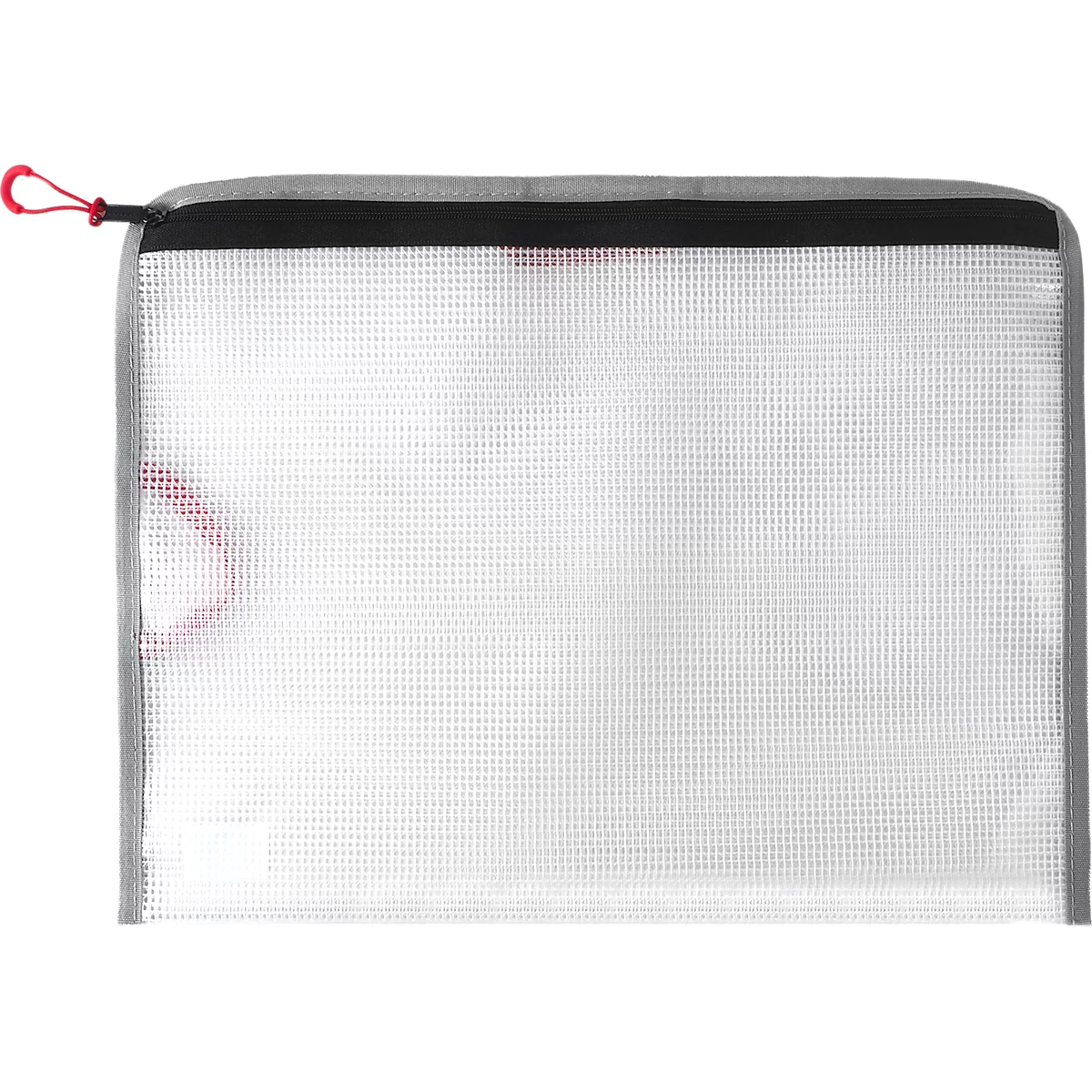 Transparente Kunststoff-Dokumententasche mit Reißverschluss, roter Kordel, schwarzem Reißverschluss und grauem Rand.