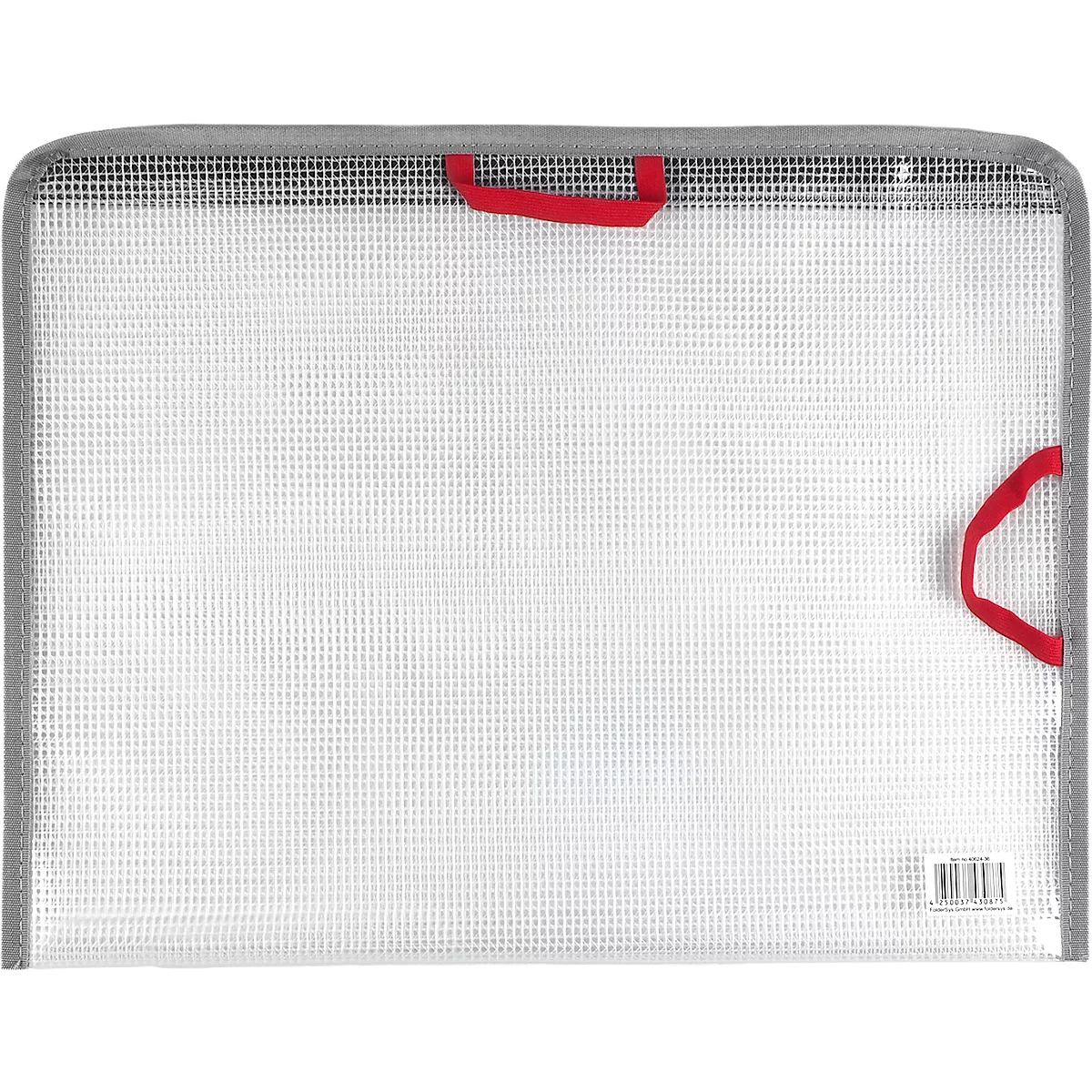 Transparente Dokumentenmappe mit grauem Rand und roten Griffen.