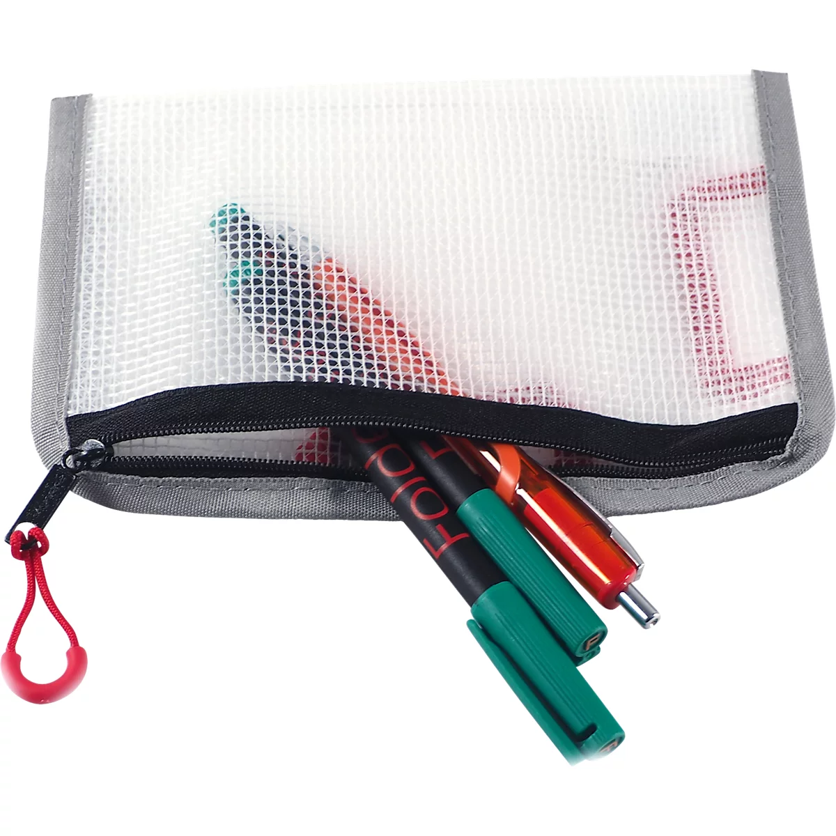 Weißes Federmäppchen mit Reißverschluss und Stiften.