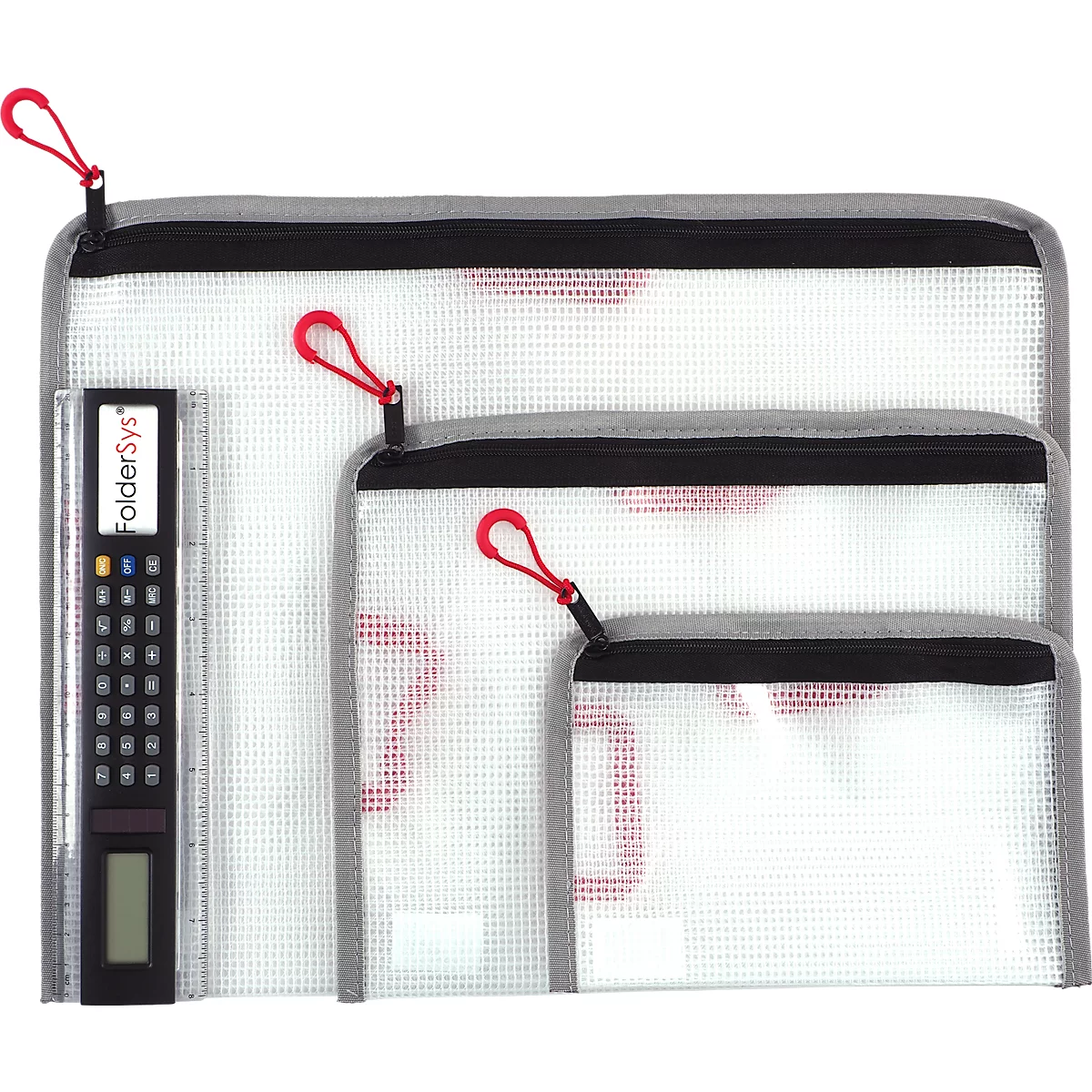 Drei durchsichtige Dokumententaschen unterschiedlicher Größe mit Reißverschluss und rotem Zipper, daneben ein Lineal mit integriertem Taschenrechner.