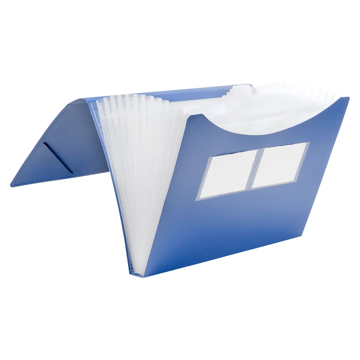Blue expandable file folder with transparent dividers.