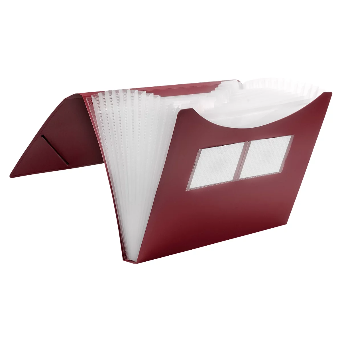 Open, burgundy document folder with transparent compartments, two viewing windows.