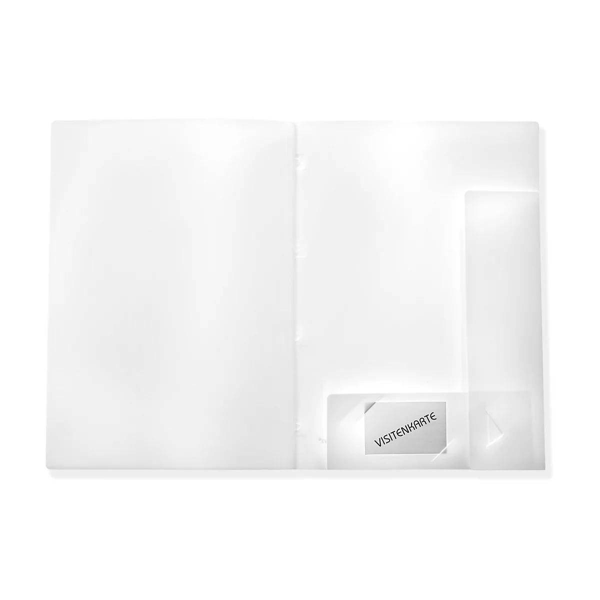 Opened white folder with business card. A compartment for cards inside.