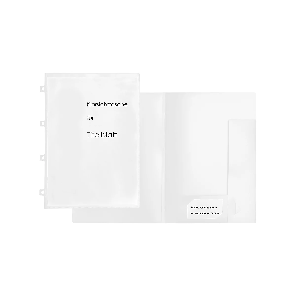 Transparent clear view file with the text "Clear file for title sheet". Opened: right side with a pocket for business cards.