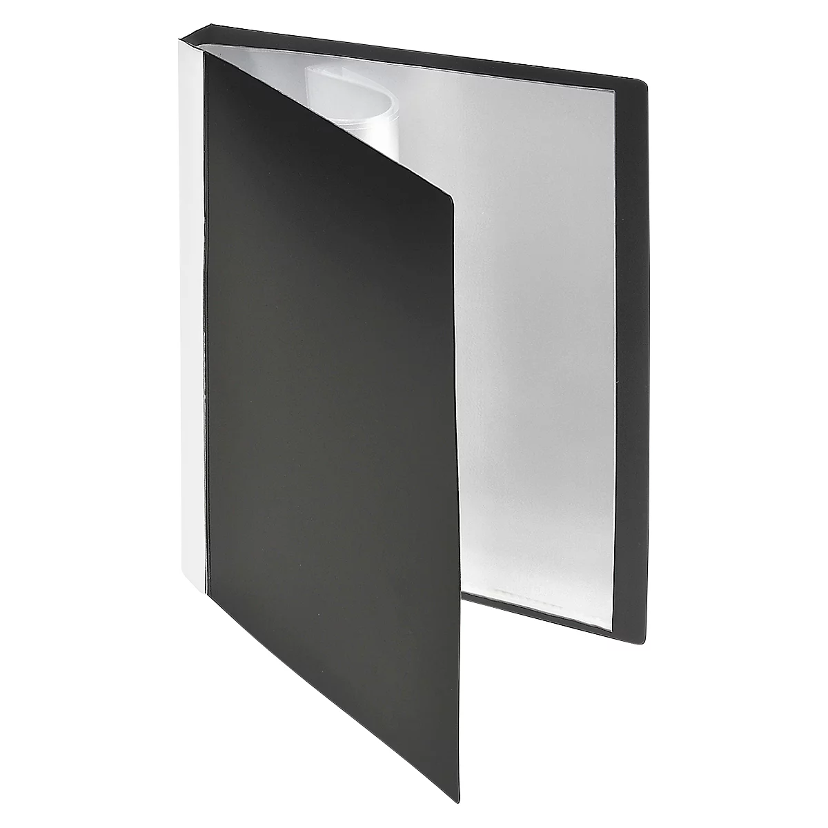 Black file folder, opened. The inside is white, the outside black. The cover is opened to give an insight into the content.