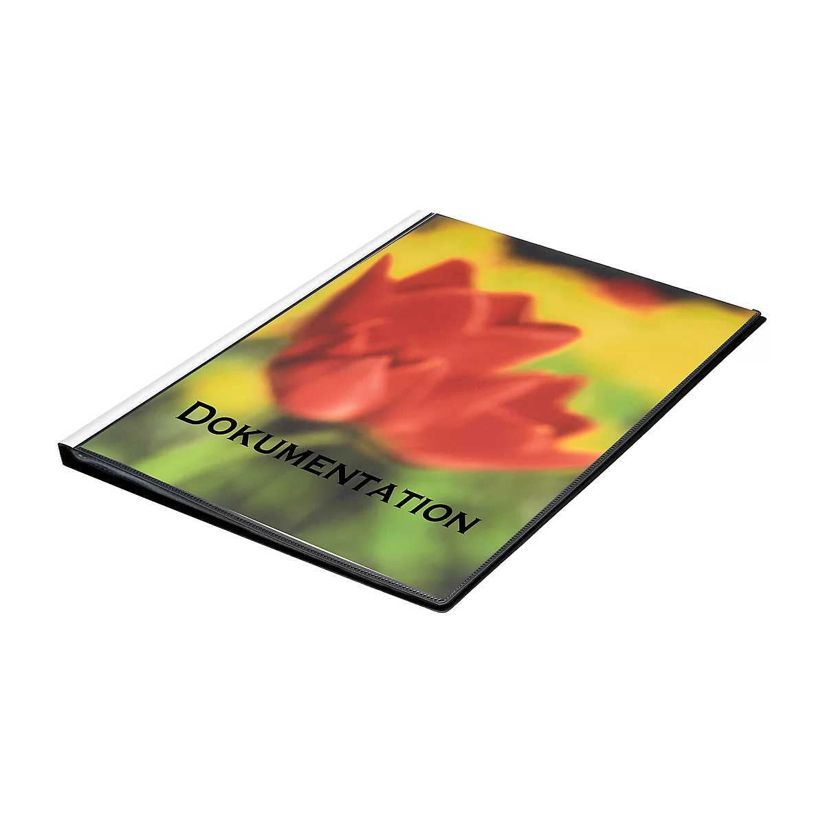 Brochure with "DOKUMENTATION" lettering; cover shows a red flower on a yellow-green background.