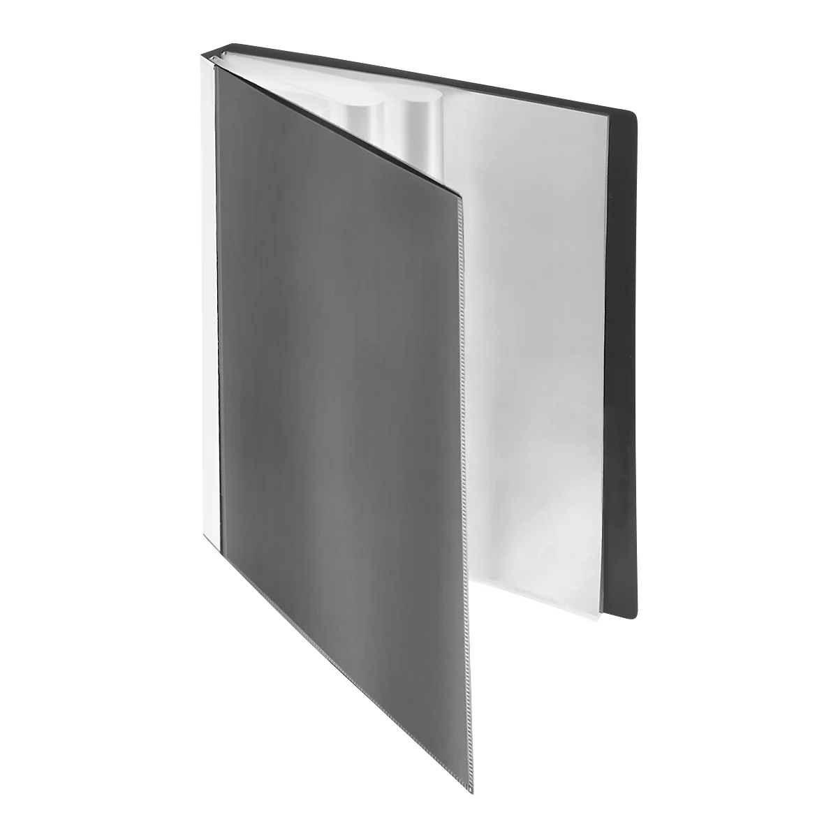 An almost square, open book. The left side is dark gray, the right side white, with black frame.