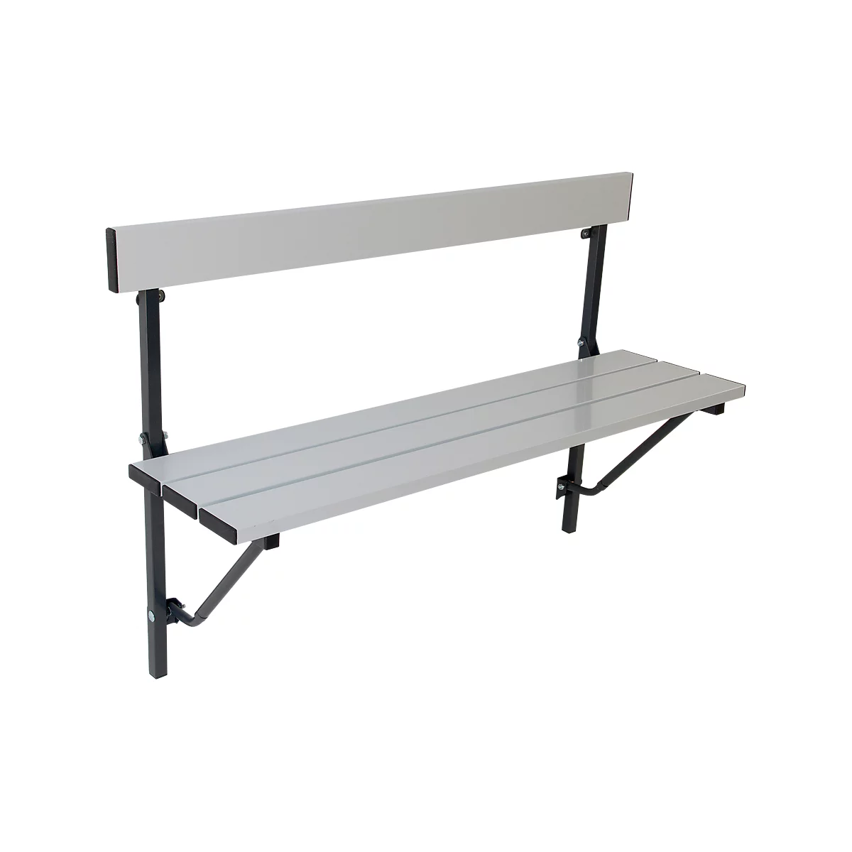 Light-colored wall bench with backrest. Seat and back are light gray, frame and brackets are black.