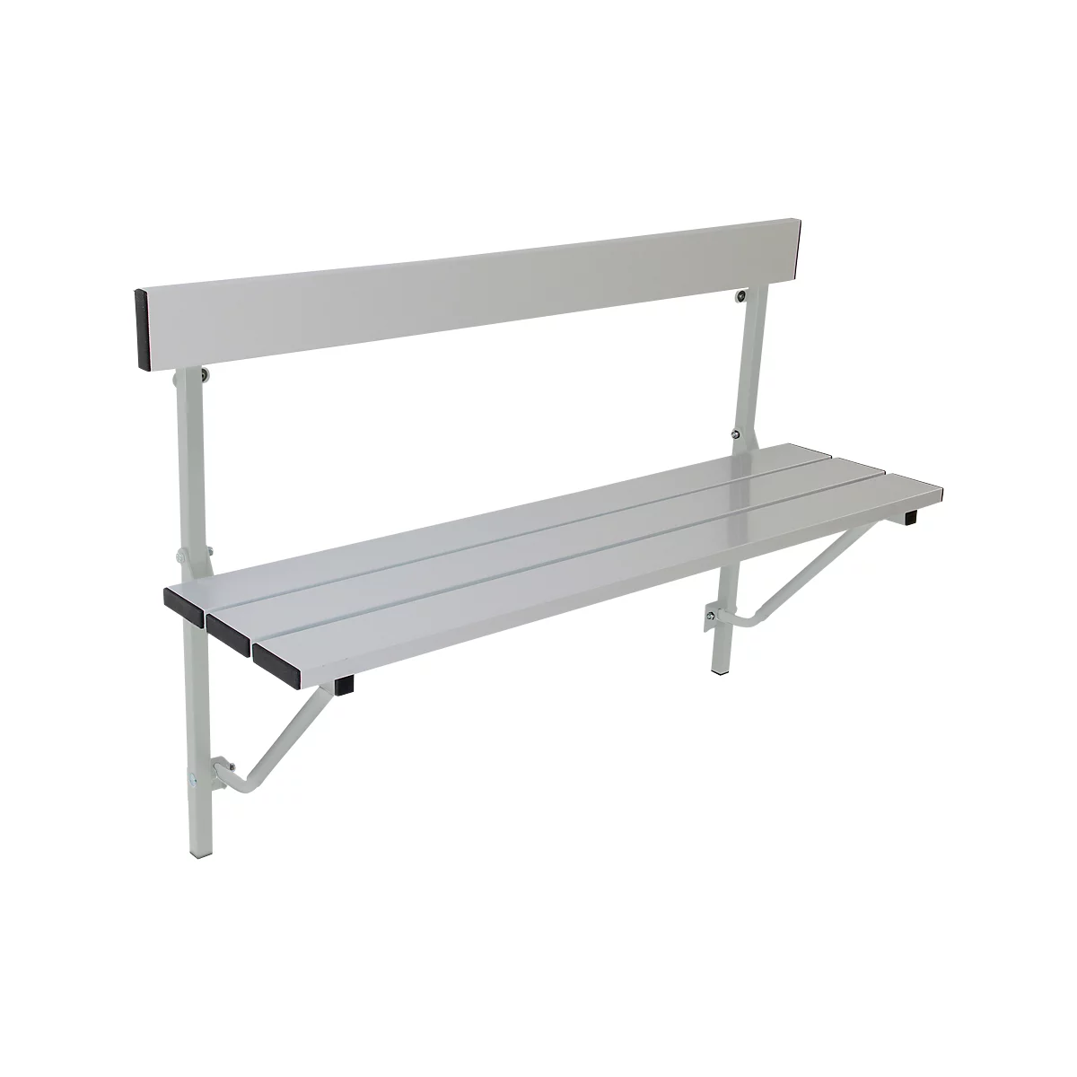 Light-colored bench with backrest, mounted on a wall. Seat made of three bars, black ends, metal support.