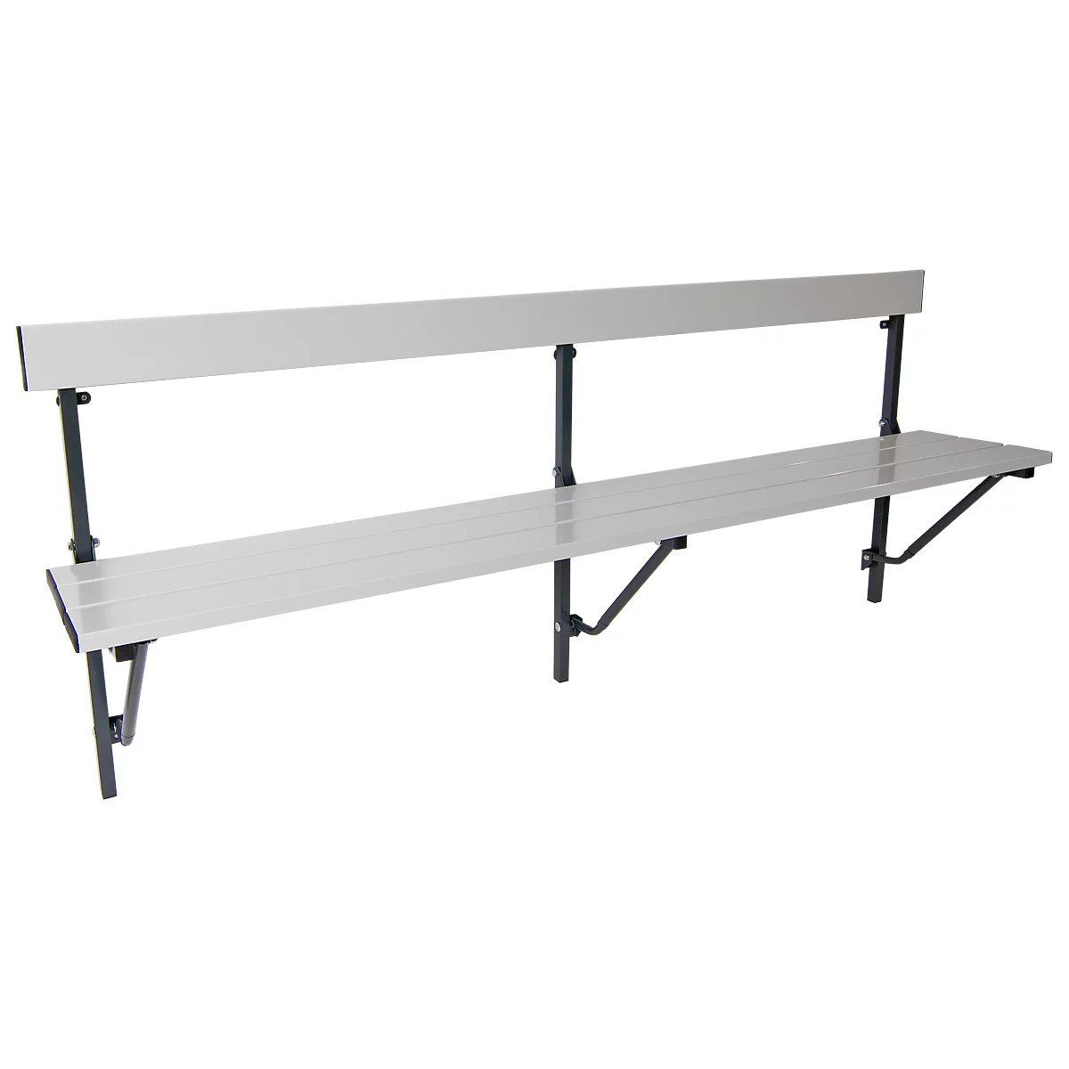 Silver bench with backrest, on a white background. The angle is slightly oblique.