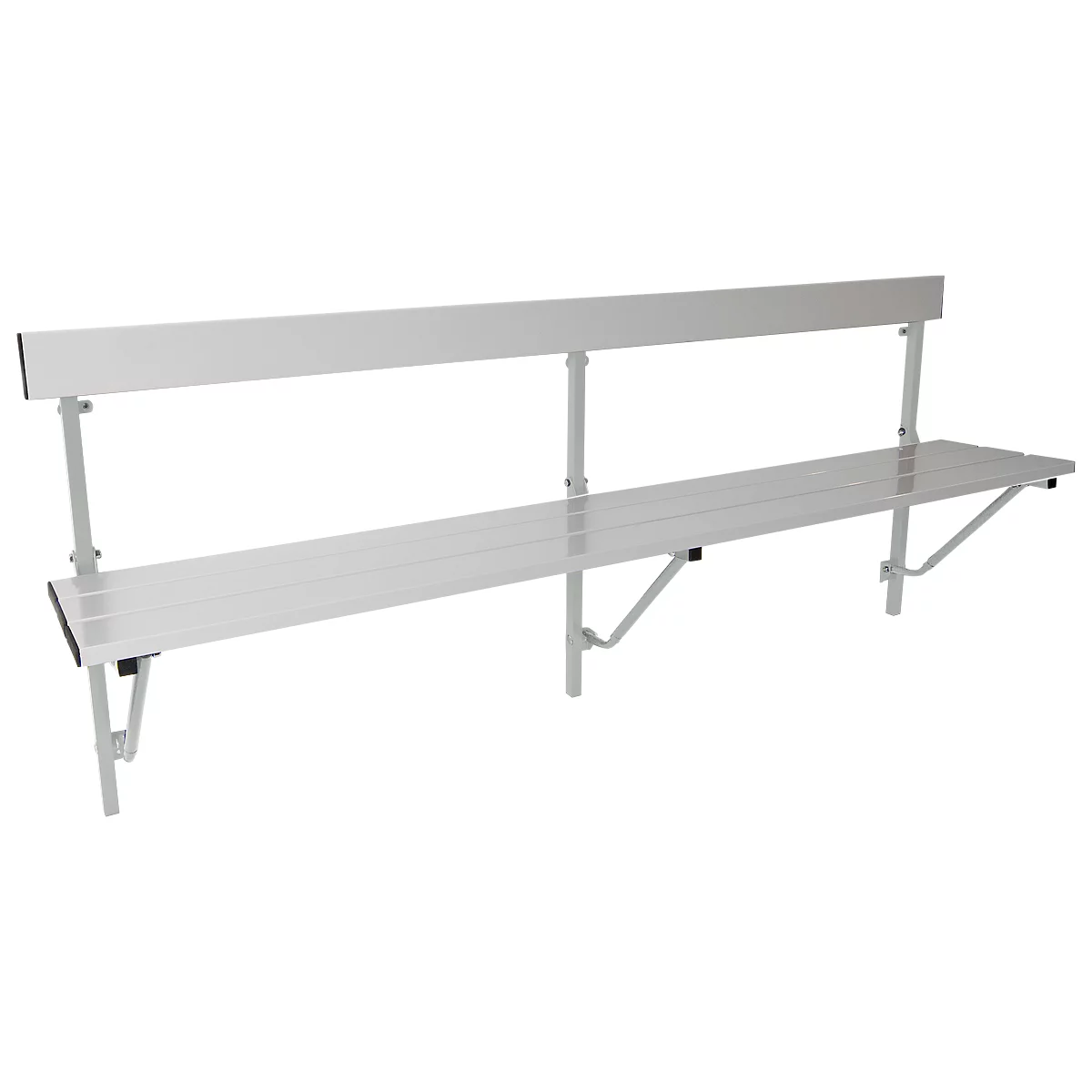 Aluminum bench with backrest. Bright surface with metallic sheen, frame with diagonal brace.