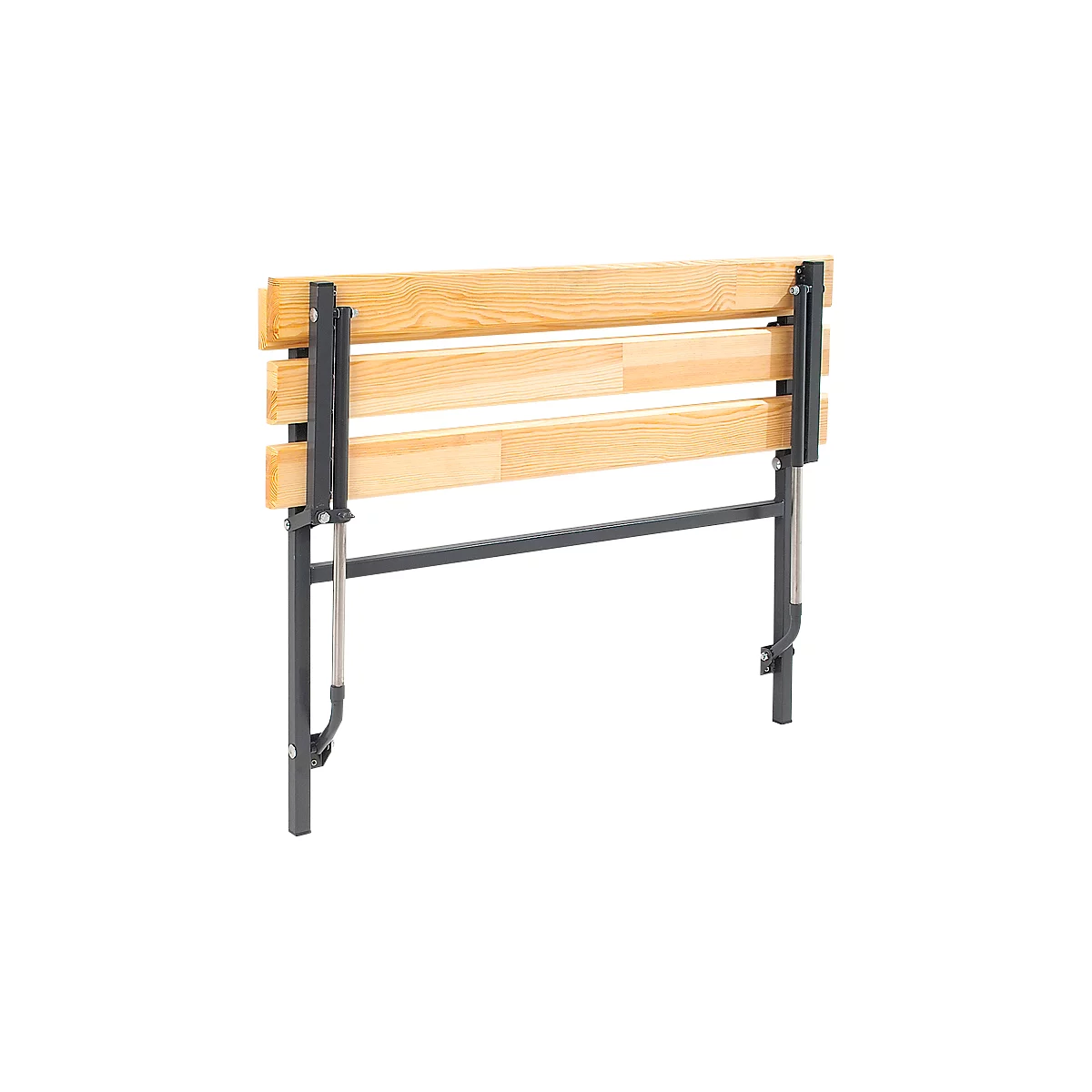 Folding bed frame made of wood and metal, side view.