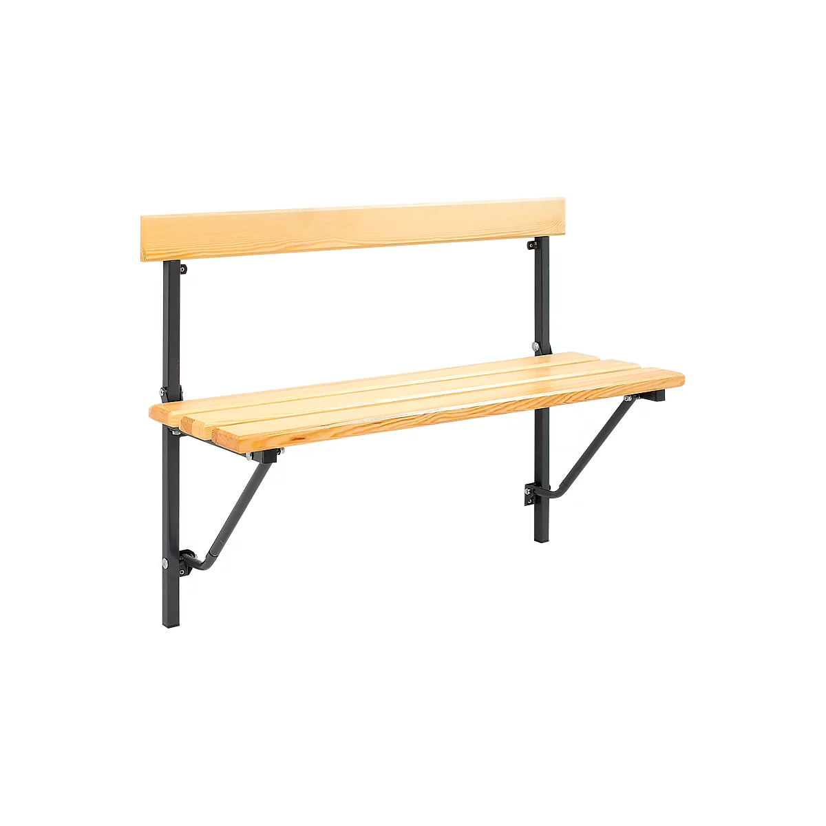 Folding wall seat with wooden slats, black frame, and backrest.