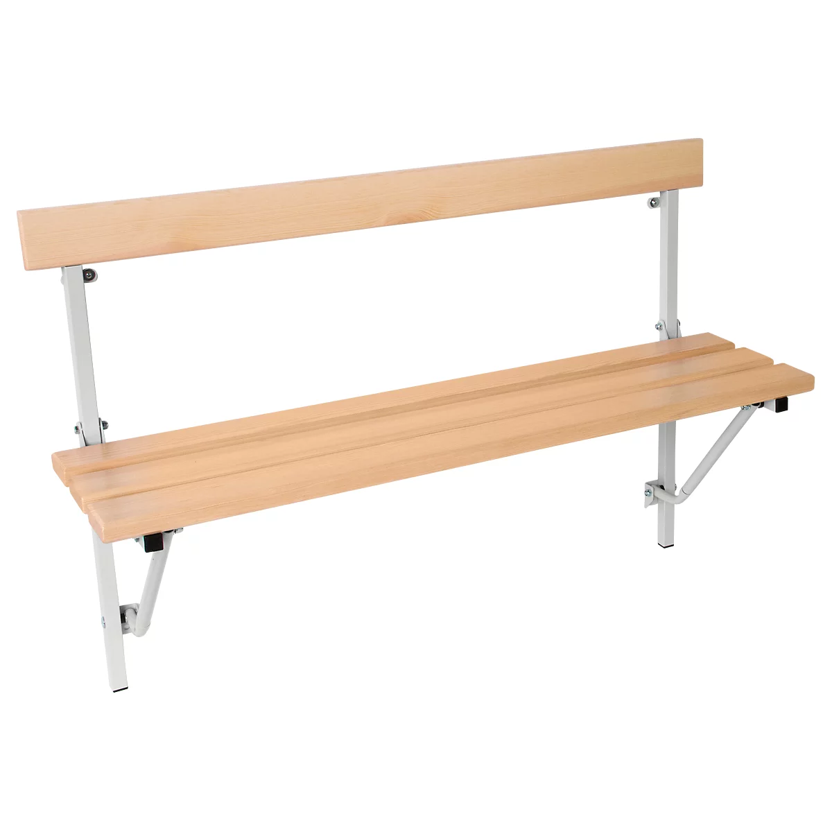 Wooden bench with backrest; light wooden slats on a white metal frame.