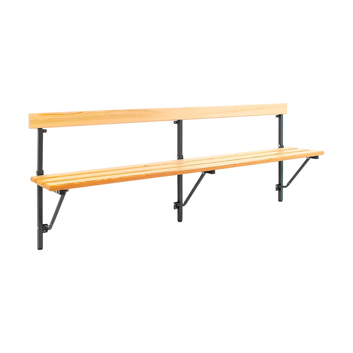 Long wooden bench with backrest, wooden slats, black metal supports, empty.