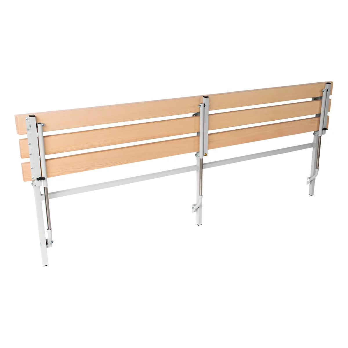 Beige wooden bench with a metallic frame. The back and seat are made of horizontal wooden slats.