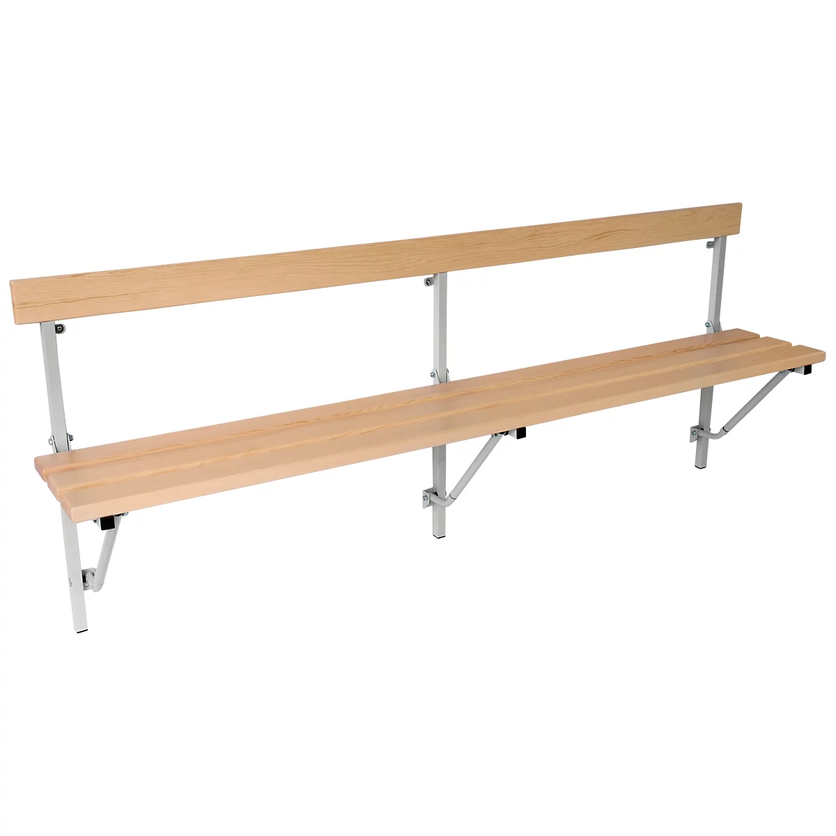 A wooden bench with a backrest and metal frame, against a white background.