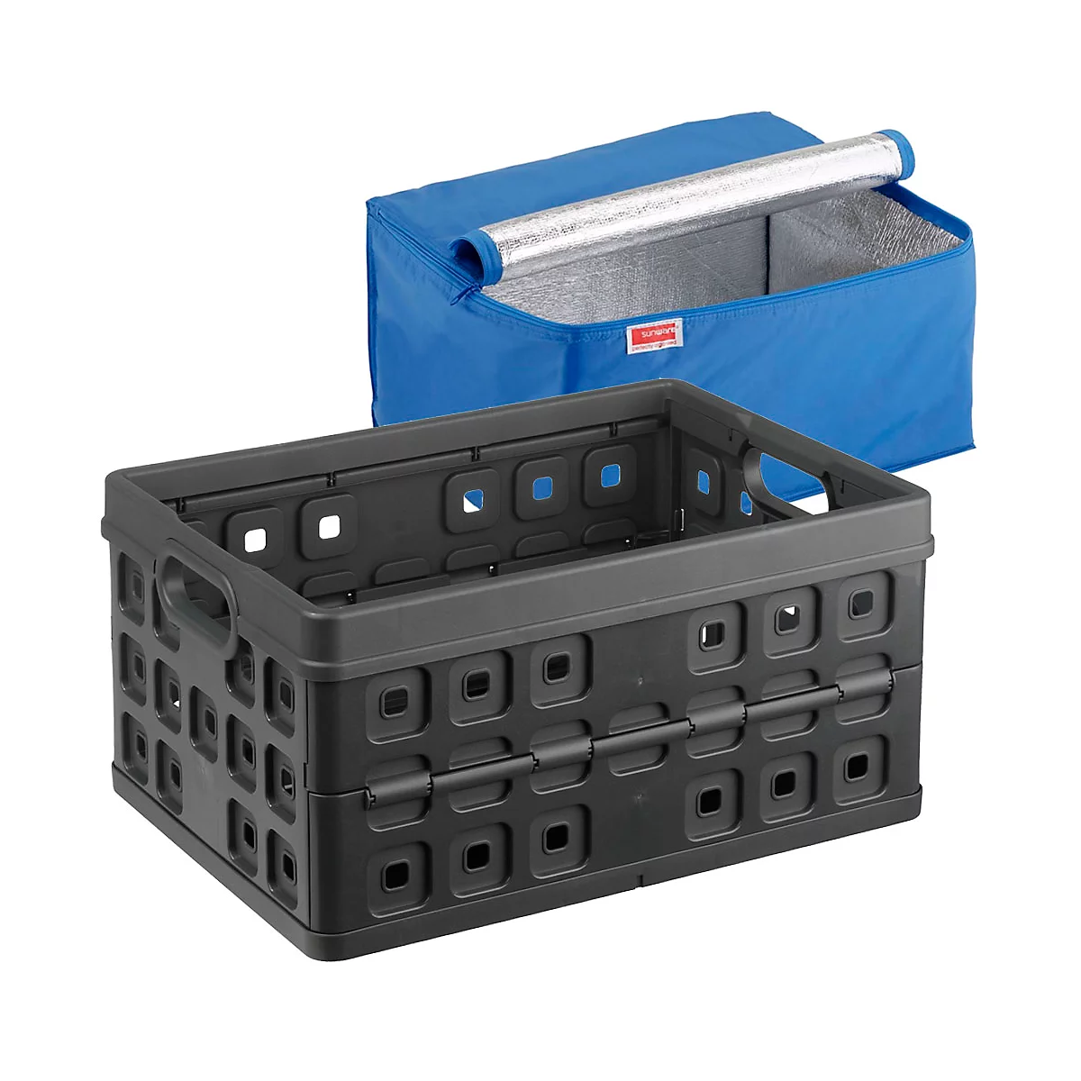Black, foldable crate with carrying handles, above it a blue cooler bag with a silver interior.