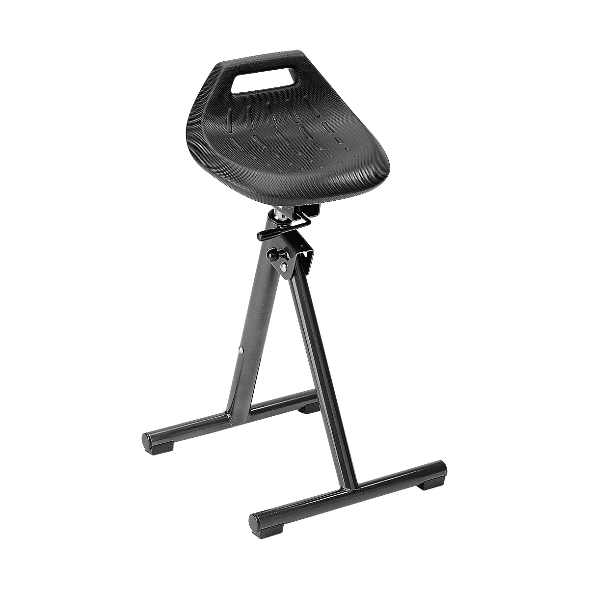 Black stool with seat with handle, metal frame.