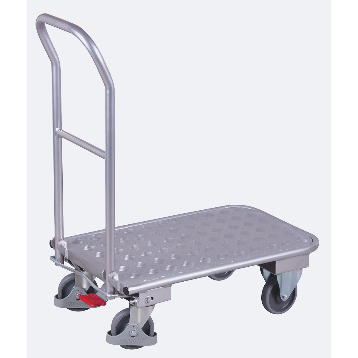 A silver transport trolley with a handle and four wheels. The loading area is provided with a diamond pattern.
