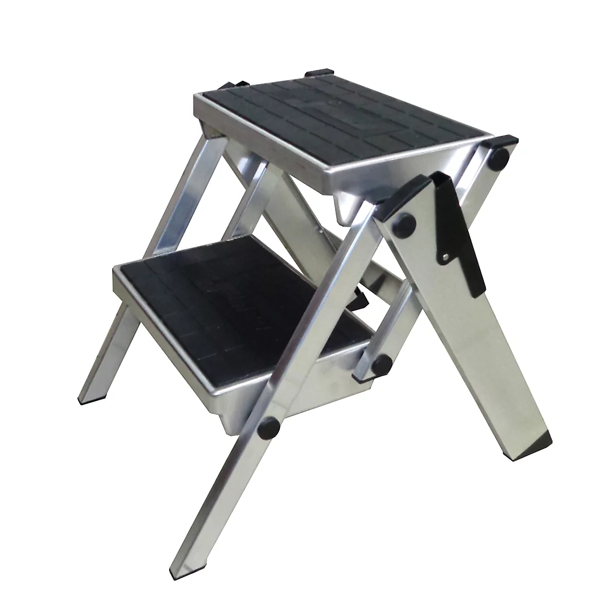 Folding step stool made of aluminum. The treads are black, the rest is silver.