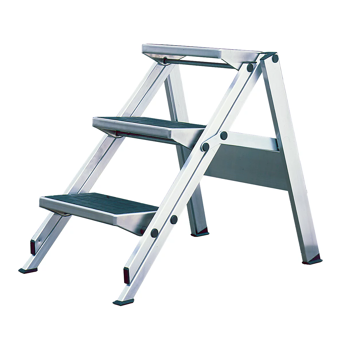 Folding metal step stool with three steps. Black treads, silver frame.